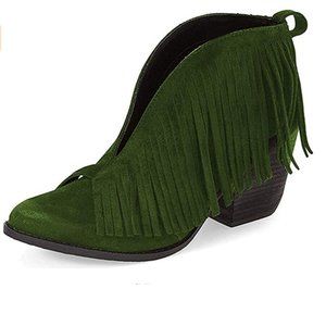 YDN Block Heel Suede Round Toe Ankle High Boots with Tassels